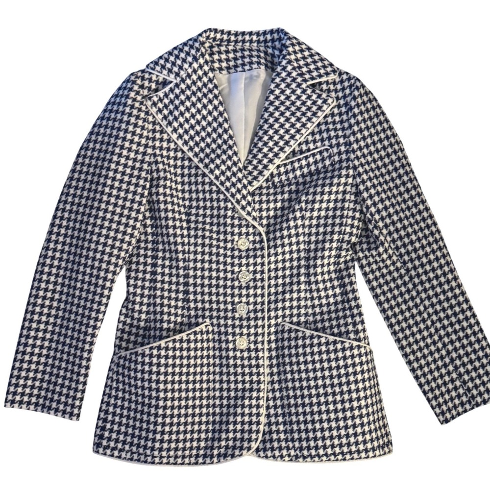 Houndstooth Blazer Preppy Office Jacket Navy White‎ Old Money Sz 6 Vintage